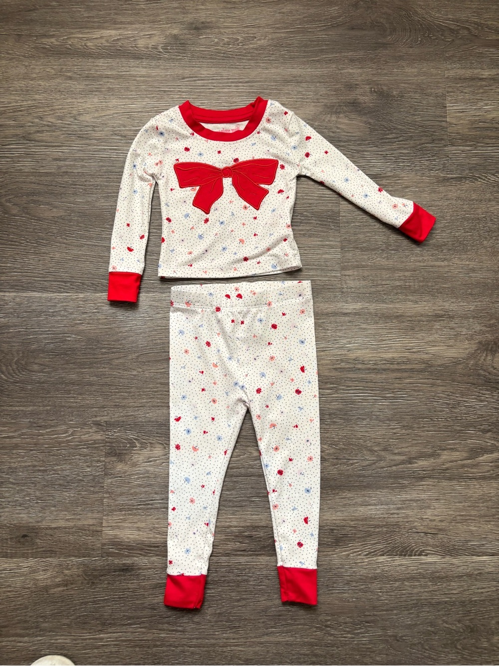 Penelope Mack White Pajama Set with Red Bow and Red Trim